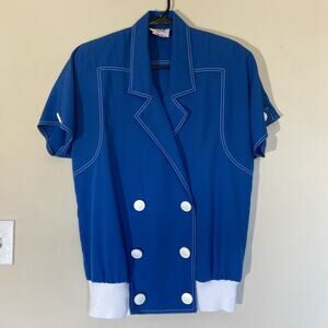 Vintage VTG Caron Blue Double Breasted‎ Blouse Shirt Top White Buttons Womens 10